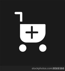 Add item to shopping cart dark mode glyph ui icon. Buy products. User interface design. White silhouette symbol on black space. Solid pictogram for web, mobile. Vector isolated illustration. Add item to shopping cart dark mode glyph ui icon