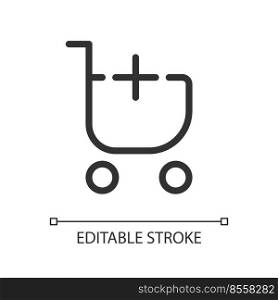 Add item to shopping cart pixel perfect linear ui icon. Buy products from e-store. GUI, UX design. Outline isolated user interface element for app and web. Editable stroke. Arial font used. Add item to shopping cart pixel perfect linear ui icon