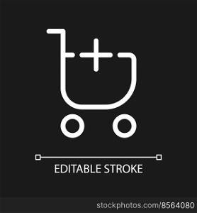 Add item to shopping cart pixel perfect white linear ui icon for dark theme. Buy products. Vector line pictogram. Isolated user interface symbol for night mode. Editable stroke. Arial font used. Add item to shopping cart pixel perfect white linear ui icon for dark theme