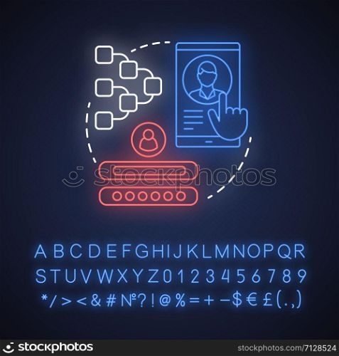Add multiple accounts neon light concept icon. Create user profile idea. Webpage registration. Social network authorization. Glowing sign with alphabet, numbers, symbols. Vector isolated illustration
