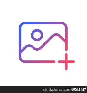 Add picture pixel perfect gradient linear ui icon. Upload image. Digital photos. Visual content. Line color user interface symbol. Modern style pictogram. Vector isolated outline illustration. Add picture pixel perfect gradient linear ui icon