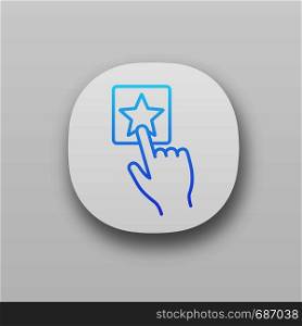 Add to favorite button click app icon. UI/UX user interface. Bookmark. Hand pressing button. Web or mobile application. Vector isolated illustration. Add to favorite button click app icons set