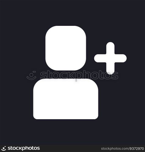 Add user dark mode glyph ui icon. Social network friendship. User interface design. White silhouette symbol on black space. Solid pictogram for web, mobile. Vector isolated illustration. Add user dark mode glyph ui icon
