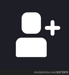 Add user dark mode glyph ui icon. Social network friendship. User interface design. White silhouette symbol on black space. Solid pictogram for web, mobile. Vector isolated illustration. Add user dark mode glyph ui icon