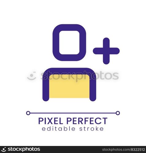 Add user pixel perfect RGB color ui icon. Social network friendship. Simple filled line element. GUI, UX design for mobile app. Vector isolated pictogram. Editable stroke. Poppins font used. Add user pixel perfect RGB color ui icon