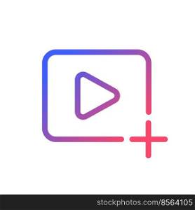 Add video file pixel perfect gradient linear ui icon. Import content. Upload file. Multimedia player. Line color user interface symbol. Modern style pictogram. Vector isolated outline illustration. Add video file pixel perfect gradient linear ui icon