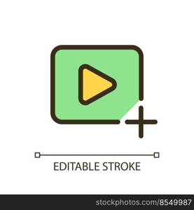 Add video file pixel perfect RGB color ui icon. Import visual content. Simple filled line element. GUI, UX design for mobile app. Vector isolated pictogram. Editable stroke. Arial font used. Add video file pixel perfect RGB color ui icon