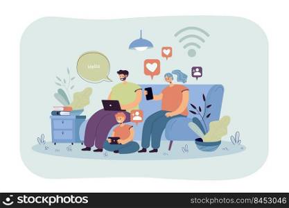 Addicted family using digital gadgets for chatting on social media. Parents and kid using smartphone, laptop, tablet at home. Vector illustration for internet addiction, online communication concept
