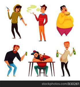 Addicted lifestyle. Alcoholism drugs and addiction from unhealthy habits vector cartoon characters in action poses. Alcohol addiction drug and alcoholic drink illustration. Addicted lifestyle. Alcoholism drugs and addiction from unhealthy habits vector cartoon characters in action poses