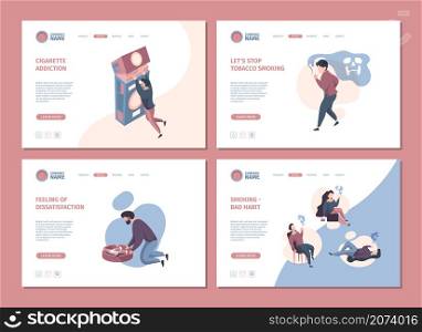 Addicted people landing. Unhealthy smokers with bad organs drugs garish vector web pages. Unhealthy addiction tobacco, problem smoker addicted illustration. Addicted people landing. Unhealthy smokers with bad organs drugs garish vector web pages