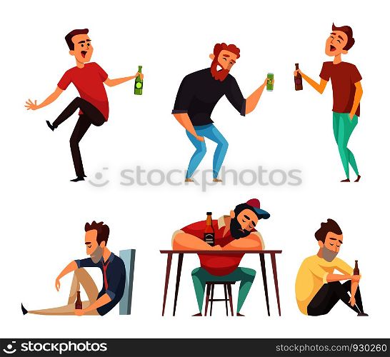 Addiction alcoholic. Addict peoples alcoholism and drugs drinking person beer vodka whiskey abuse vector characters isolated. Alcoholic man addict, person with drink illustration. Addiction alcoholic. Addict peoples alcoholism and drugs drinking person beer vodka whiskey abuse vector characters isolated