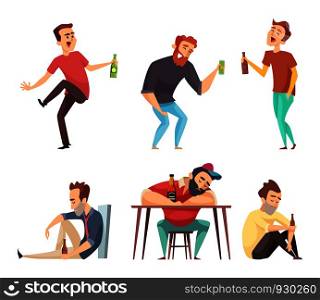 Addiction alcoholic. Addict peoples alcoholism and drugs drinking person beer vodka whiskey abuse vector characters isolated. Alcoholic man addict, person with drink illustration. Addiction alcoholic. Addict peoples alcoholism and drugs drinking person beer vodka whiskey abuse vector characters isolated