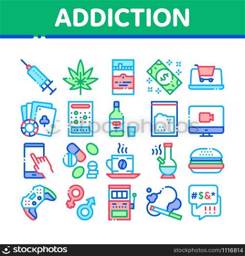 Addiction Bad Habits Collection Icons Set Vector Thin Line. Alcohol And Drug, Shopping And Gambling, Hemp, Smoking And Junk Food Addiction Concept Linear Pictograms. Color Contour Illustrations. Addiction Bad Habits Collection Icons Set Vector