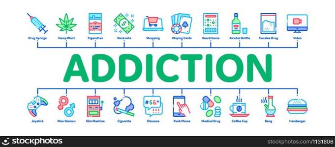 Addiction Bad Habits Minimal Infographic Web Banner Vector. Alcohol And Drug, Shopping And Gambling, Hemp, Smoking And Junk Food Addiction Color Illustrations. Addiction Bad Habits Minimal Infographic Banner Vector