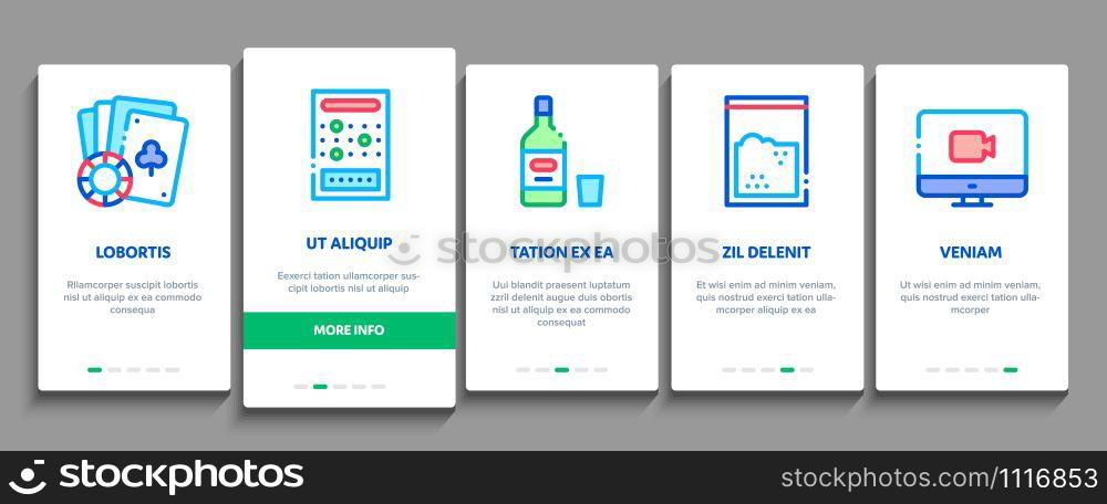 Addiction Bad Habits Onboarding Mobile App Page Screen. Alcohol And Drug, Shopping And Gambling, Hemp, Smoking And Junk Food Addiction Concept Illustrations. Addiction Bad Habits Onboarding Elements Icons Set Vector