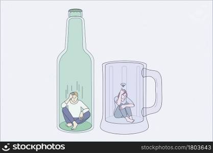 Addiction to alcohol and depression concept. Two young depressed people man and woman sitting on bottom of beer mug and bottle feeling stressed addicted to alcohol vector illustration . Addiction to alcohol and depression concept