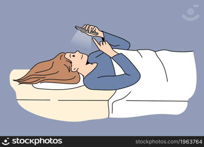 Addiction to internet and chatting concept. Young woman cartoon character lying in bed having rest with turned on smartphone chatting vector illustration . Addiction to internet and chatting concept.