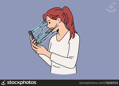 Addiction to internet and phone concept. Young stressed woman cartoon character standing feeling connected to screen phone with liquid vector illustration . Addiction to internet and phone concept.