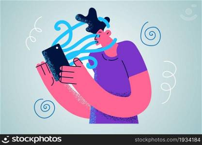 Addiction to media and gadgets concept. Young stressed man cartoon character standing feeling connected to screen phone with liquid vector illustration . Addiction to media and gadgets concep