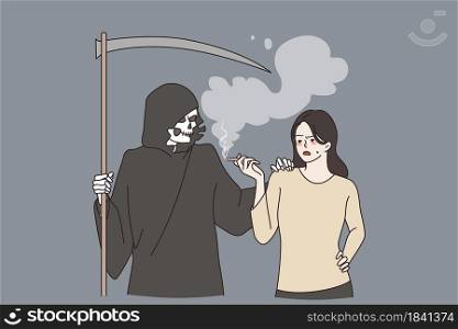 Addiction to smoking and death concept. Death character in hood standing next to woman lighting cigarette addicted to smoking vector illustration. Addiction to smoking and death concept