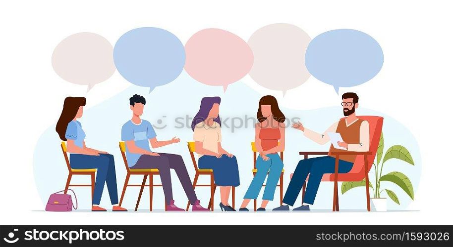 Addiction treatment concept. Group therapy, people counseling with psychologist, persons in psychotherapist sessions, mental health community, vector men and women with speech bubbles at consultation. Addiction treatment concept. Group therapy, people counseling with psychologist, persons in psychotherapist sessions, mental health community, vector men and women with speech bubbles