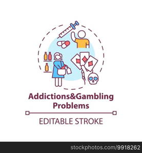 Addictions and gambling problems concept icon. Addict behavior. Cause of parental neglect. Child safety idea thin line illustration. Vector isolated outline RGB color drawing. Editable stroke. Addictions and gambling problems concept icon