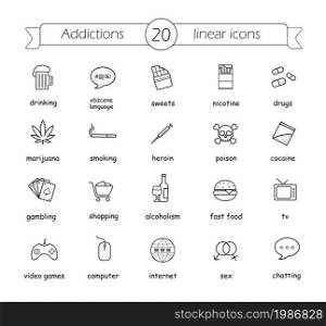 Addictions linear icons set. Thin line illustrations of bad habits. Vector. Addictions linear icons set