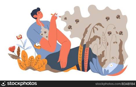 Addictive and bad habits, harmful for life and health of body. Male character smoking dangerous chemicals in cigarettes inhaling vapors in lungs. Smoking prohibited. Vector in flat style illustration. Man smoking bad habits harmful for health and body