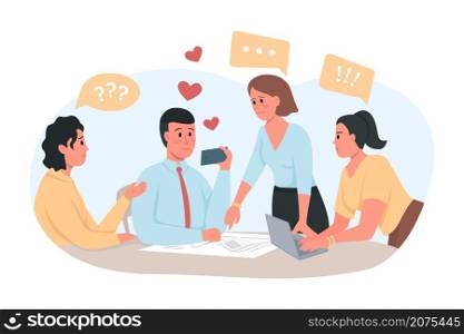 Addictive dating application 2D vector isolated illustration. Company meeting. Male employee in love ignoring people flat characters on cartoon background. Dating site addict colourful scene. Addictive dating application 2D vector isolated illustration