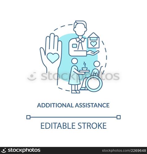 Additional assistance turquoise concept icon. Hospice patient care program abstract idea thin line illustration. Isolated outline drawing. Editable stroke. Arial, Myriad Pro-Bold fonts used. Additional assistance turquoise concept icon
