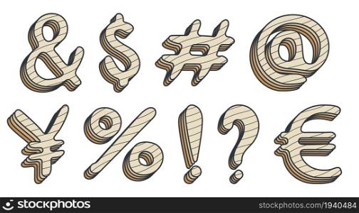 Additional keyboard symbols in cartoon style. And ampersand, dollar, hash symbol, number, yen, euro, percentage, exclamation and question mark. Isolated vector on white background