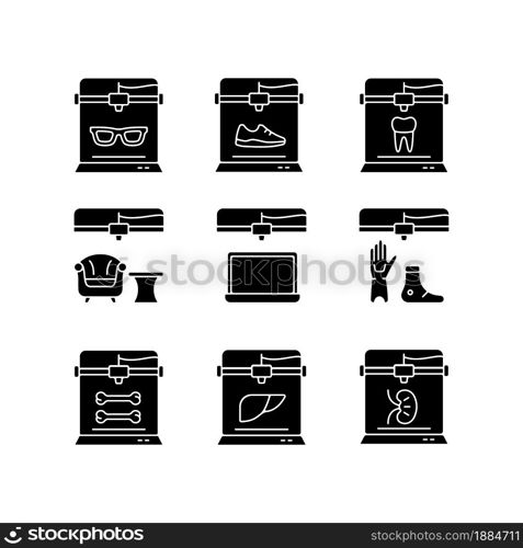 Additive manufacturing black glyph icons set on white space. Producing 3d models. Printed prosthetics. Innovation in biomedical field. Bioprinting. Silhouette symbols. Vector isolated illustration. Additive manufacturing black glyph icons set on white space