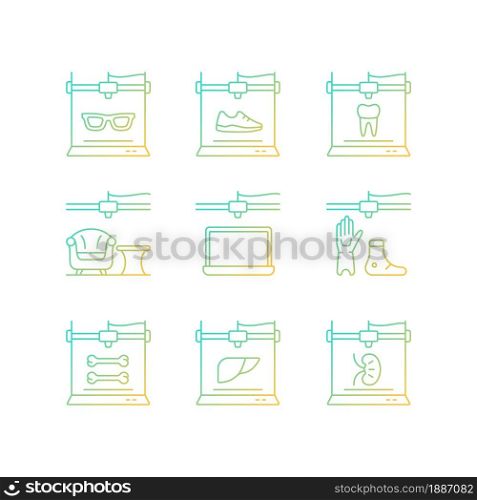 Additive manufacturing gradient linear vector icons set. Producing 3d models. Printed prosthetics. Bioprinting. Thin line contour symbols bundle. Isolated outline illustrations collection. Additive manufacturing gradient linear vector icons set