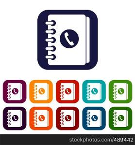 Address book icons set vector illustration in flat style in colors red, blue, green, and other. Address book icons set