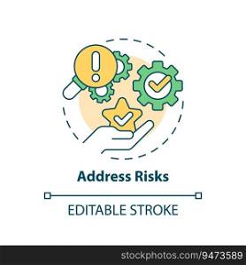 Address risks multi color concept icon. Risk management. Be proactive. Sales strategy. Closing deal. Selling technique. Round shape line illustration. Abstract idea. Graphic design. Easy to use. Address risks multi color concept icon