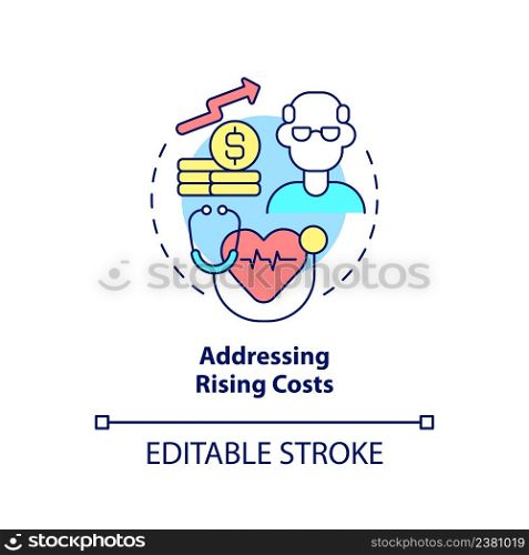 Addressing rising costs concept icon. Healthcare difficulty abstract idea thin line illustration. Public health crisis. Isolated outline drawing. Editable stroke. Arial, Myriad Pro-Bold fonts used. Addressing rising costs concept icon