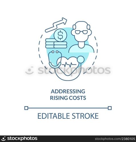 Addressing rising costs turquoise concept icon. Healthcare difficulty abstract idea thin line illustration. Isolated outline drawing. Editable stroke. Arial, Myriad Pro-Bold fonts used. Addressing rising costs turquoise concept icon