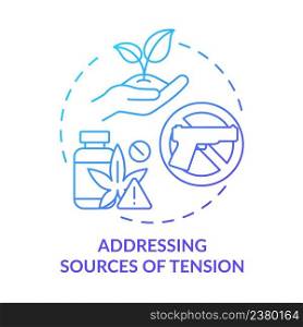 Addressing sources of tension blue gradient concept icon. Armed conflicts prevention solution abstract idea thin line illustration. Isolated outline drawing. Myriad Pro-Bold font used. Addressing sources of tension blue gradient concept icon