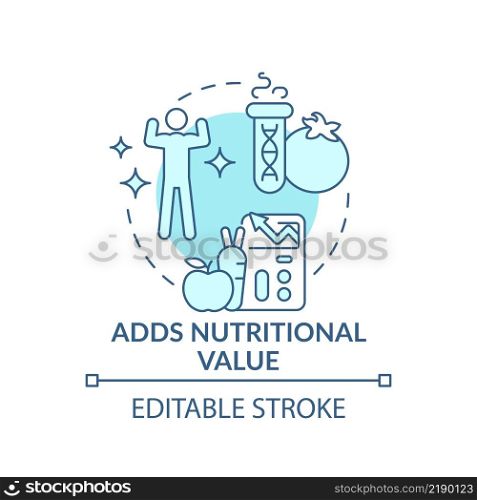 Adds nutritional value turquoise concept icon. Genetically modified food abstract idea thin line illustration. Isolated outline drawing. Editable stroke. Arial, Myriad Pro-Bold fonts used. Adds nutritional value turquoise concept icon