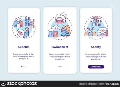 ADHD causes onboarding mobile app page screen. Genetics and environment walkthrough 3 steps graphic instructions with concepts. UI, UX, GUI vector template with linear color illustrations. ADHD causes onboarding mobile app page screen