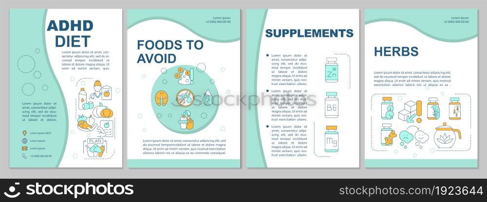 ADHD diet brochure template. Supplements and herbs. Good nutrition. Flyer, booklet, leaflet print, cover design with linear icons. Vector layouts for presentation, annual reports, advertisement pages. ADHD diet brochure template