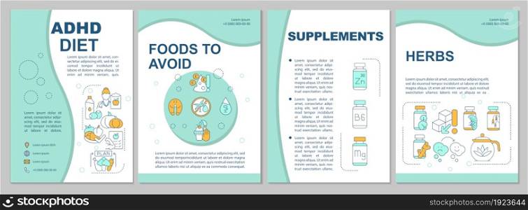 ADHD diet brochure template. Supplements and herbs. Good nutrition. Flyer, booklet, leaflet print, cover design with linear icons. Vector layouts for presentation, annual reports, advertisement pages. ADHD diet brochure template