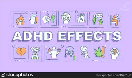 ADHD effects word concepts banner. Mood swings. Poor self-control. Infographics with linear icons on purple background. Isolated creative typography. Vector outline color illustration with text. ADHD effects word concepts banner