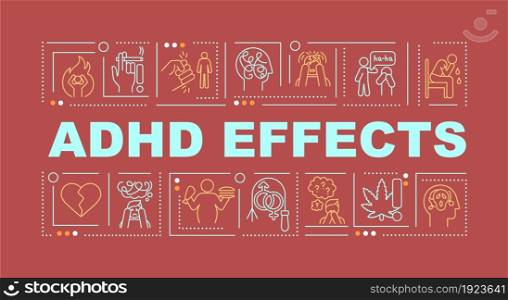 ADHD effects word concepts banner. Weight problems. Impulsive behavior. Infographics with linear icons on red background. Isolated creative typography. Vector outline color illustration with text. ADHD effects word concepts banner