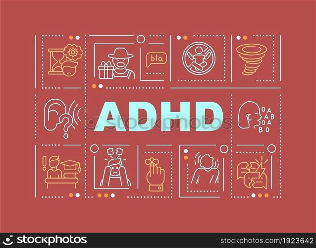 ADHD symptoms word concepts banner. Childhood mental disorder. Infographics with linear icons on red background. Isolated creative typography. Vector outline color illustration with text. ADHD symptoms word concepts banner