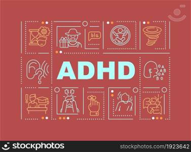 ADHD symptoms word concepts banner. Childhood mental disorder. Infographics with linear icons on red background. Isolated creative typography. Vector outline color illustration with text. ADHD symptoms word concepts banner