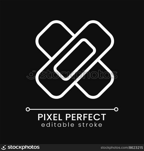 Adhesive bandage pixel perfect white linear icon for dark theme. Medical dressing. Sticking plaster. Thin line illustration. Isolated symbol for night mode. Editable stroke. Poppins font used. Adhesive bandage pixel perfect white linear icon for dark theme