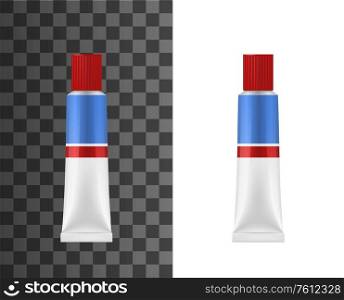 Adhesive glue tube realistic 3d vector mockup. Adhesive white package with red and blue stripes, universal super glue in metal tube template, blank container with protective cap. Super glue adhesive tube mockup
