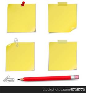 Adhesive Notes with pin and pencil isolated on white