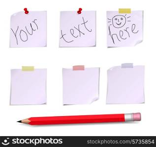 Adhesive Notes with pin, scotch and pencil isolated on white